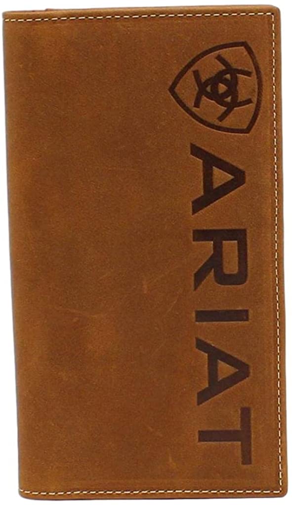 Ariat Mens Leather Vertical Logo Rodeo Wallet Checkbook Cover, Medium Brown
