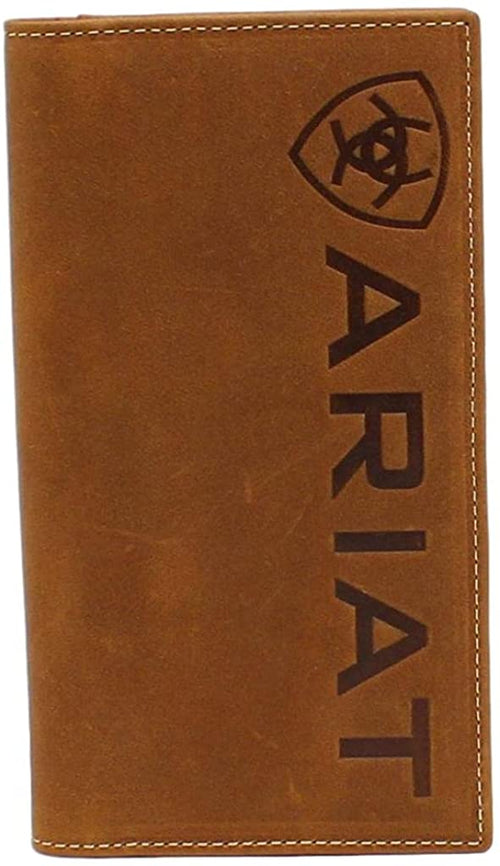 Ariat Mens Leather Vertical Logo Rodeo Wallet Checkbook Cover, Medium Brown