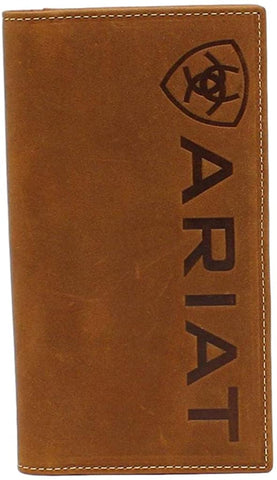 Ariat Mens Leather Vertical Logo Rodeo Wallet Checkbook Cover, Medium Brown