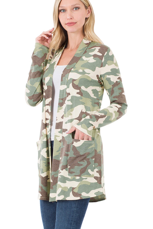 Zenana Womens Mid-Thigh Slouchy Pocket Camouflage Open Cardigan