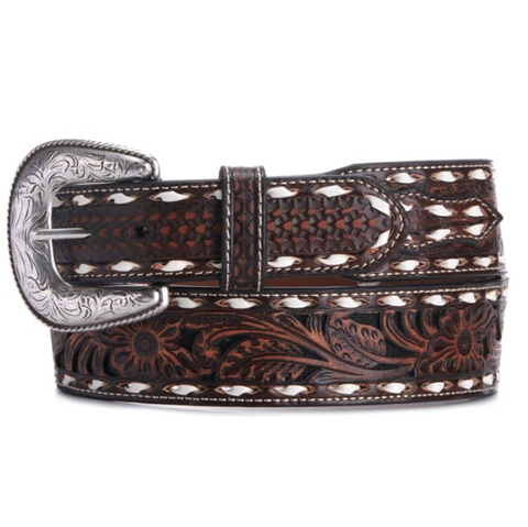 Ariat Mens Brown Floral Tooling and White Lacing Tapered Western Belt