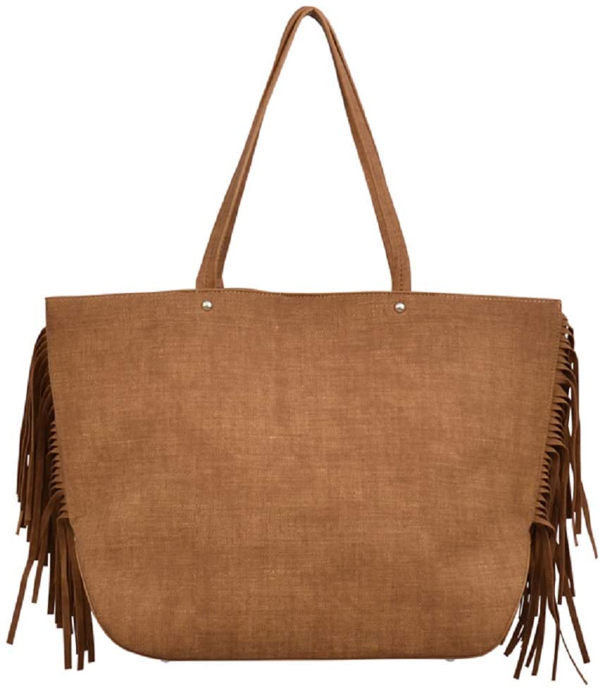 Angel Ranch Womens Braided Leather Fringe Deep Duffel Tote Bag Purse(Tan/Brown)