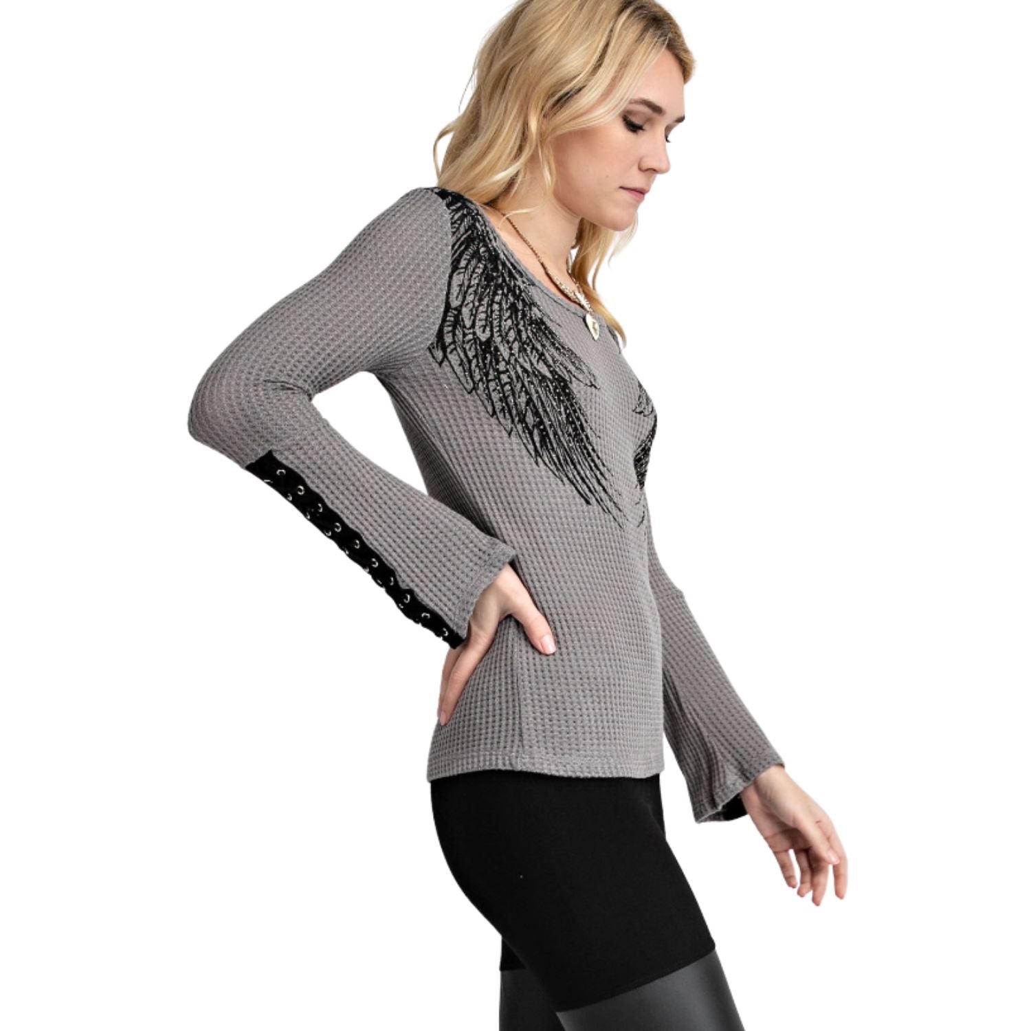 Vocal Apparel Womens Lace Up Sleeve Angel Wing Waffle Knit Top