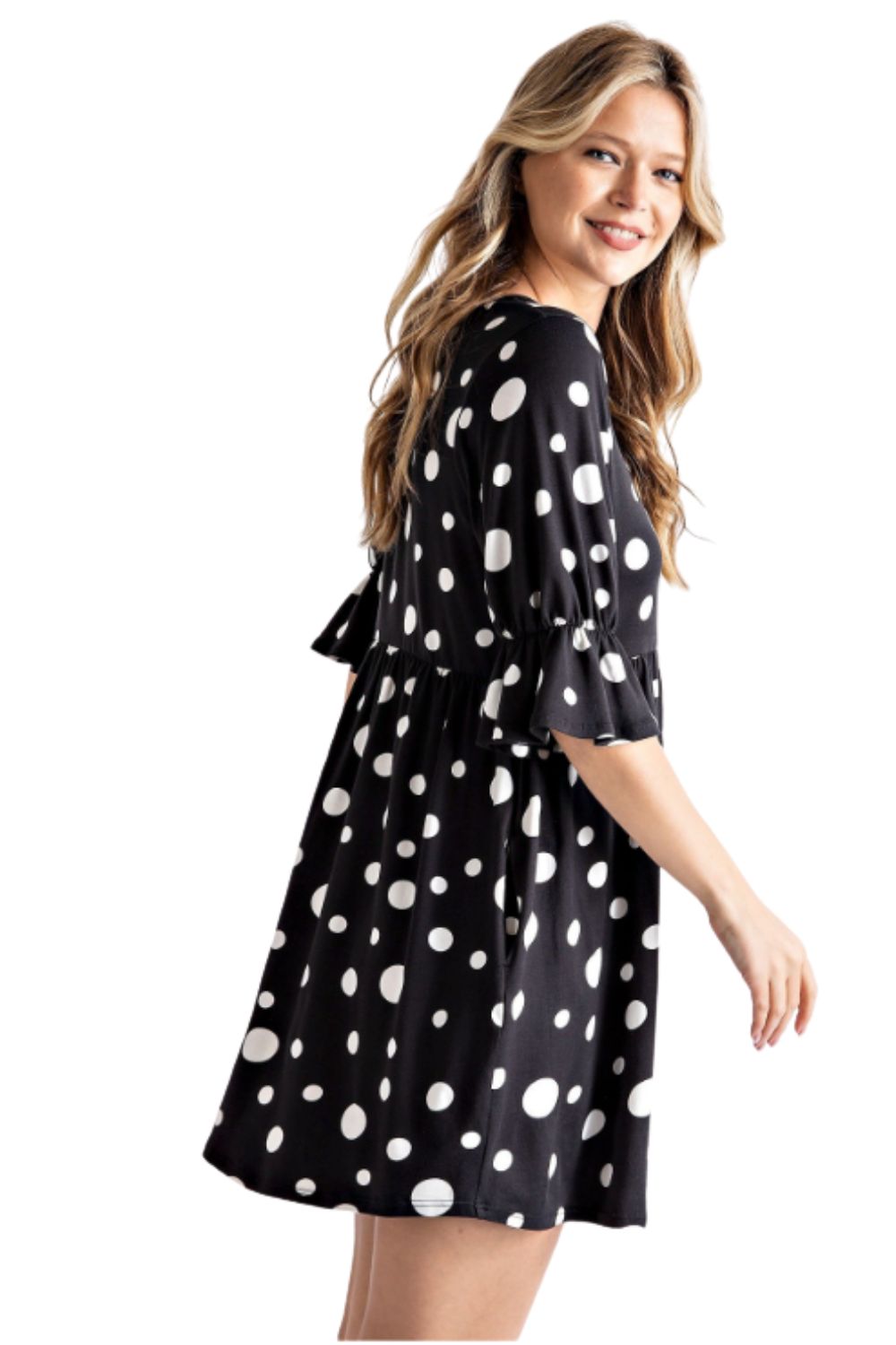 Rae Mode Womens Keyhole Back Ruffle Puff Sleeve Polka Dot Dress, Black/Ivory