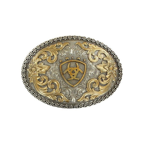 Ariat Mens Oval Floral Filigree Belt Buckle (Silver and Gold)