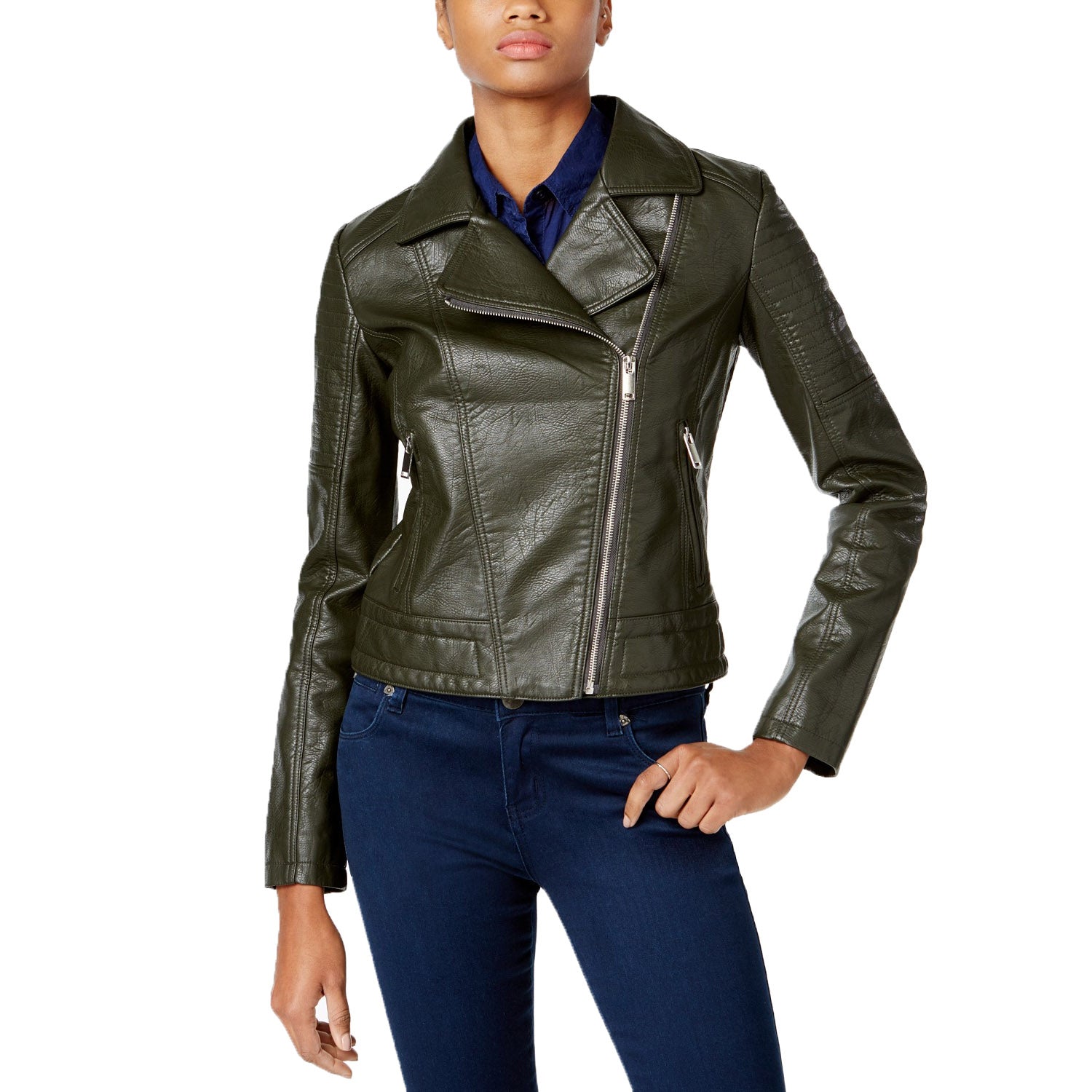 Collection B Women's Mixed-Media Faux-Leather Moto Jacket