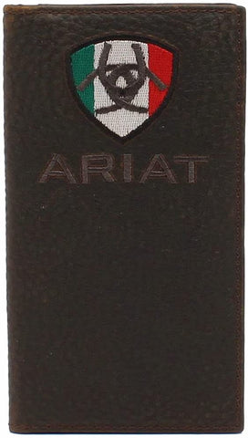 Ariat Mens Leather Embroidered Mexican Flag Shield Logo Rodeo Wallet , Brown