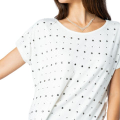 Vocal Womens Loose Studded Scoop Neck Short Sleeve Top, Off White