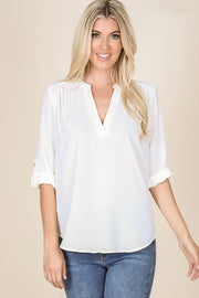 Zenana Womens Wool Dobby Henley Roll Tab Sleeve Blouse