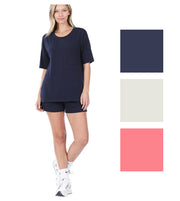 Zenana Womens Drop Shoulder Top & Drawstring Waist Shorts Set