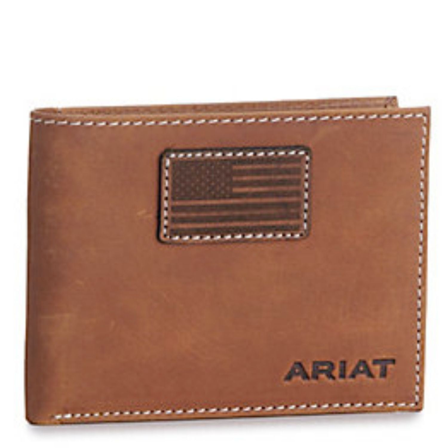 Ariat Mens Leather Flag Patch Bifold Wallet, Brown