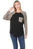 Zenana Womens Leopard Raglan Sleeve Patch Pocket Tee