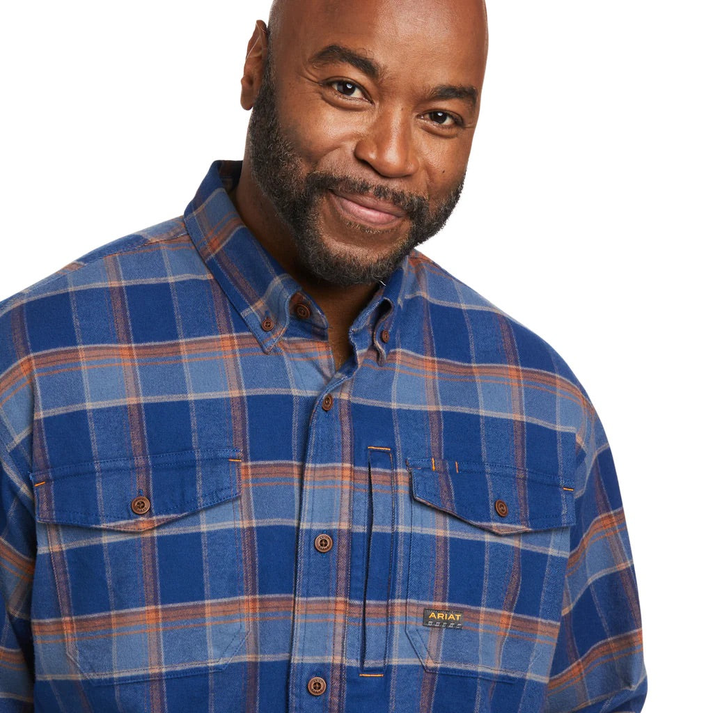 Ariat Mens Rebar Flannel Durastretch Workshirt Blue Depths Plaid
