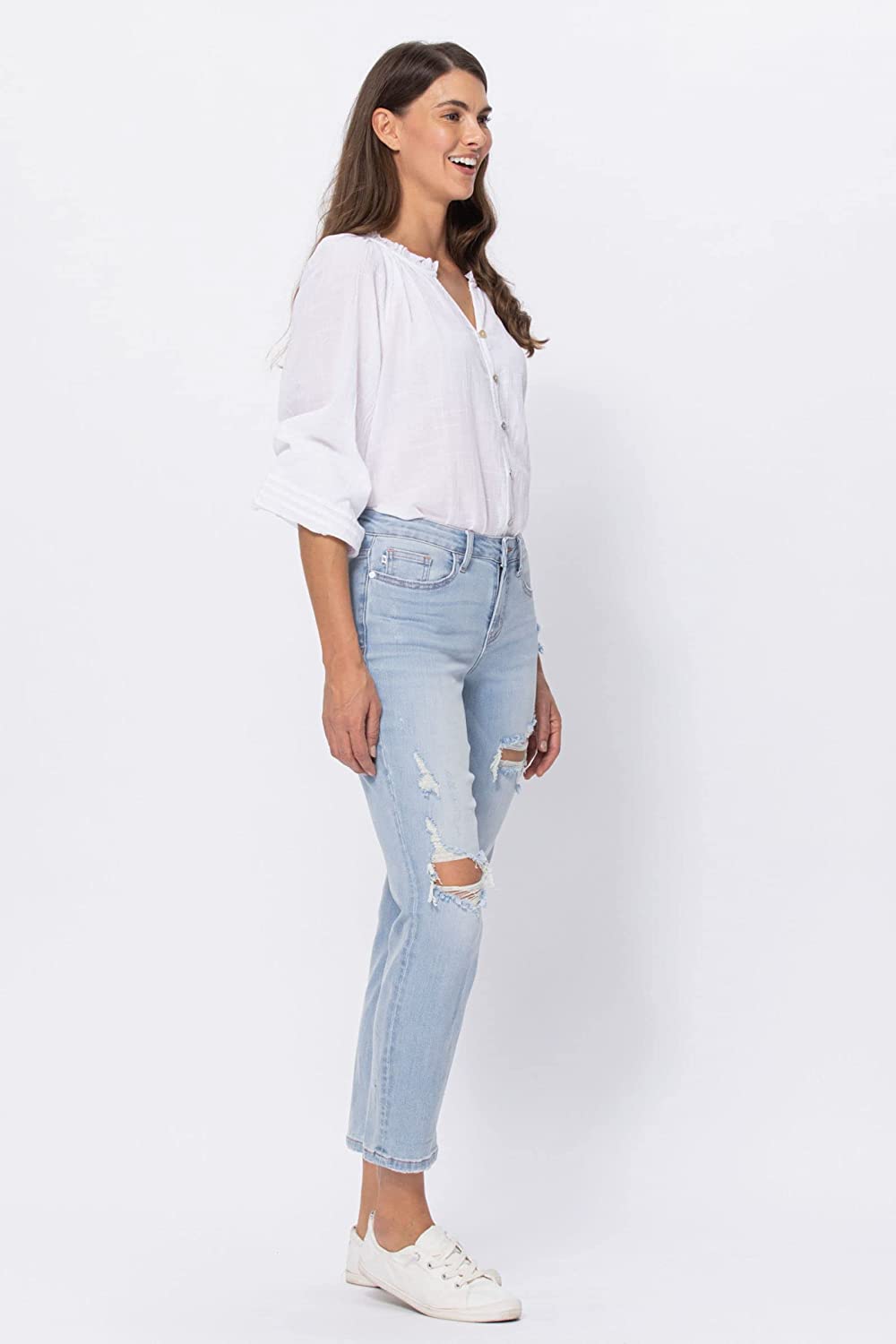 Judy Blue Womens Mid Rise Destroyed Ankle Length Boyfriend Jeans