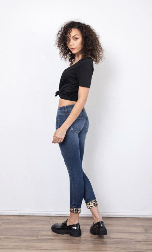 Kancan Womens Vienna Mid Rise Leopard Patch Super Skinny Jeans