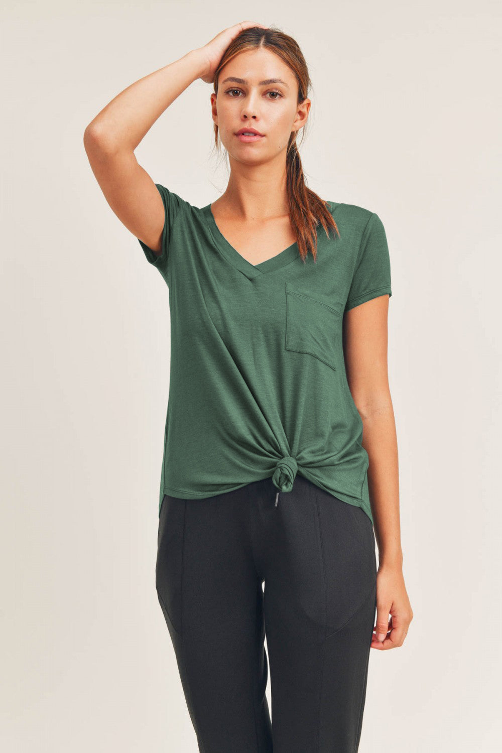 Mono B Womens Longline Deep V-Neck Pocket Short Sleeve Shirt