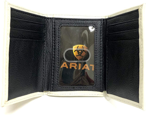 Ariat Mens Embroidered Cotton Leather Tri-Fold Wallet (White)