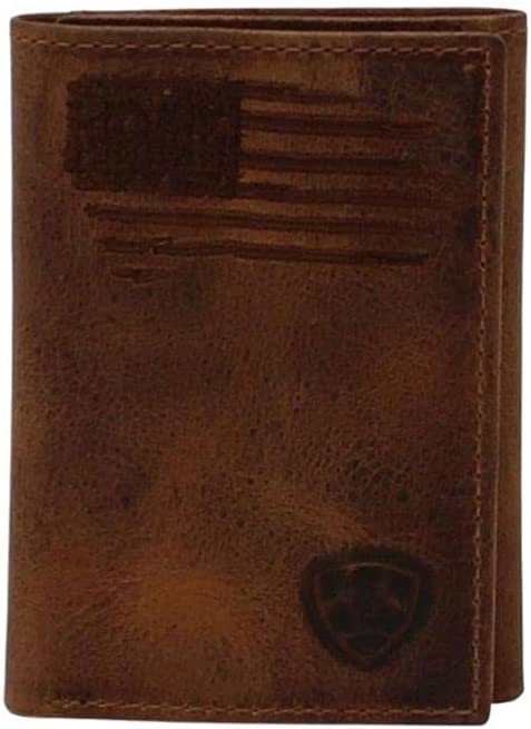 Ariat Mens Distressed Leather American Flag Shield Logo Tri-fold Wallet, Brown