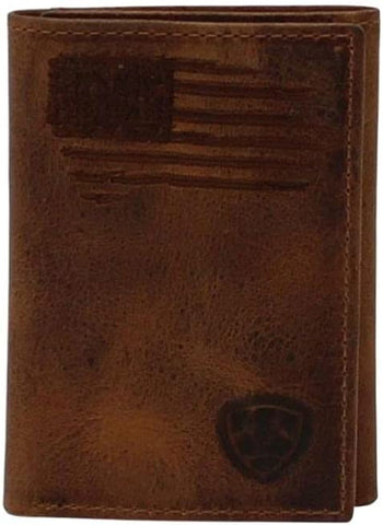 Ariat Mens Floral and Basket Stamp Magnetic Leather Money Clip Wallet, (Tan)