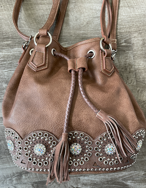 Brown Bucket Purse with Gems and Rivets