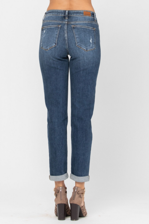 Judy Blue Womens Distressed Cuffed Mid Rise Slim Fit Denim Jeans