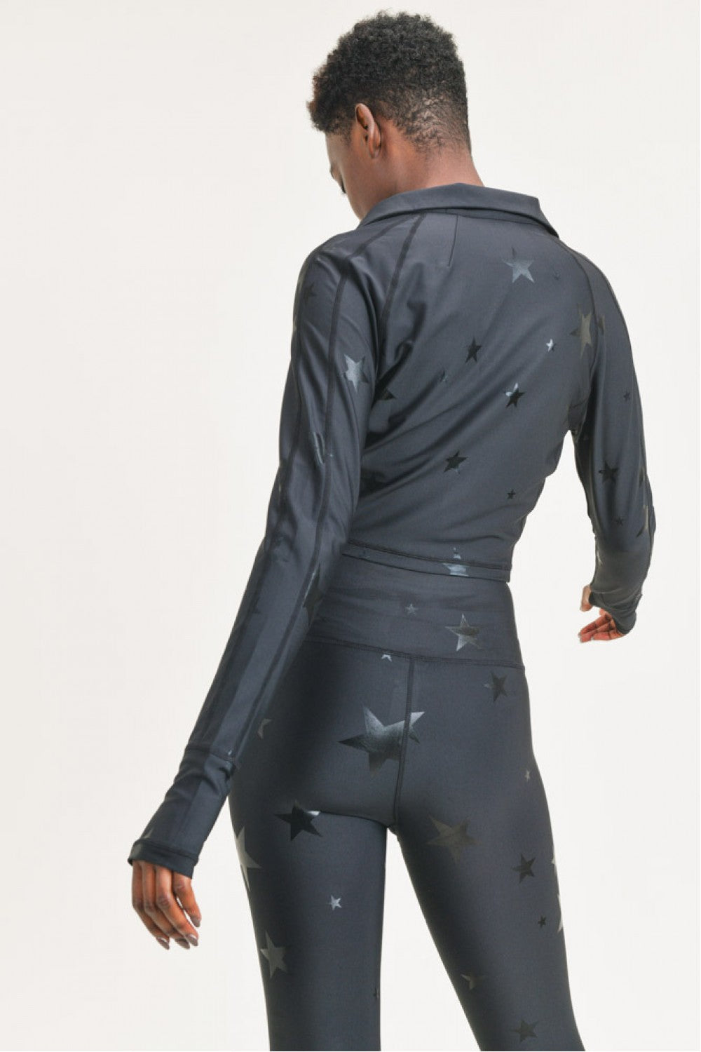 Mono B Black Star Foil Cropped Jacket with Thumb Holes