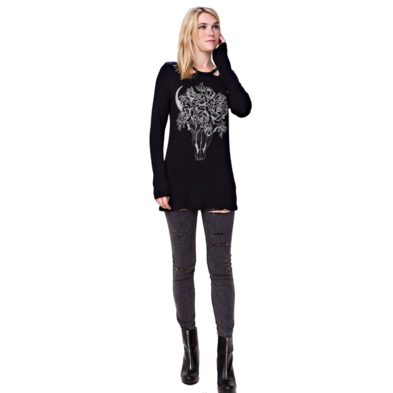 Vocal Womens Rhinestone Screen Print Design Long Sleeve Tee Shirt,Black