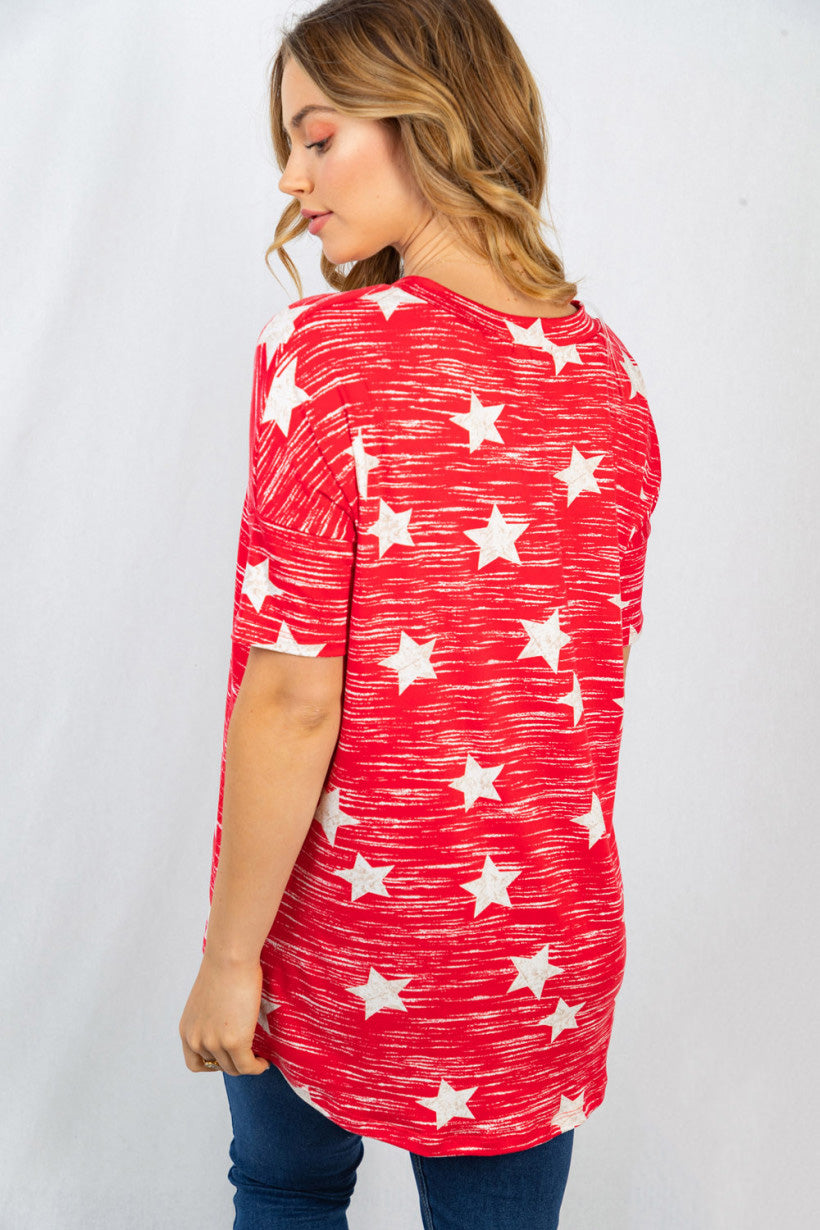 White Birch Womens Short Sleeve V-Neck Hi-Lo Top, Red White Stars