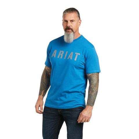 Ariat Mens Rebar Cotton Strong Block Logo Tee Shirt, Deep Water Blue