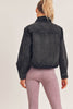 Mono B Womens Distressed Cropped Denim Jacket with Curved Hemline, Black