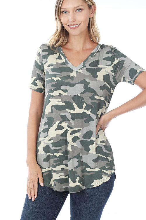 Zenana Womens Camouflage Print V-Neck Round Hem Top