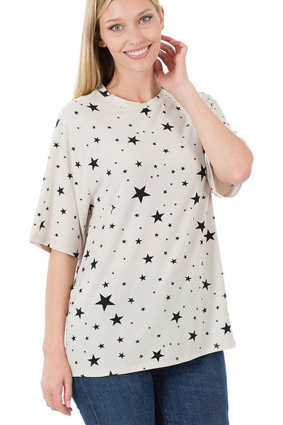 Zenana Womens Star Print Raglan Sleeve Round Neck Tee-Shirt
