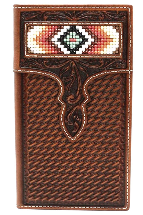 Nocona Mens Floral Overlay Southwestern Beaded Leather Rodeo Checkbook Wallet