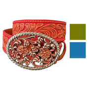 Nocona Womens Aged Floral Buckle Embossed Leather Belt