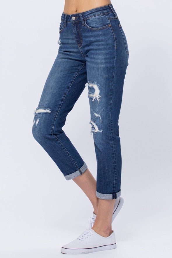 Judy Blue Thermal Patch Mid Rise Destroyed Boyfriend Jean, Medium Blue