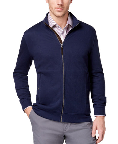 Tasso Elba Mens Supima® Cotton Full-Zip Knit Jacket (Navy Blue,Small)