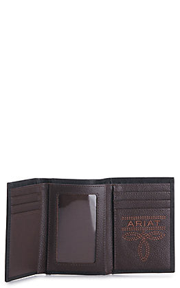 Ariat Mens Embossed Logo Leather Tri-fold Wallet , Black