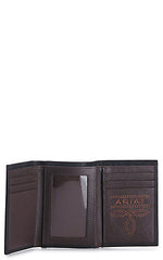 Ariat Mens Embossed Logo Leather Tri-fold Wallet , Black