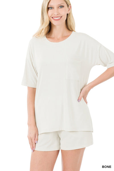 Zenana Womens Drop Shoulder Top & Drawstring Waist Shorts Set