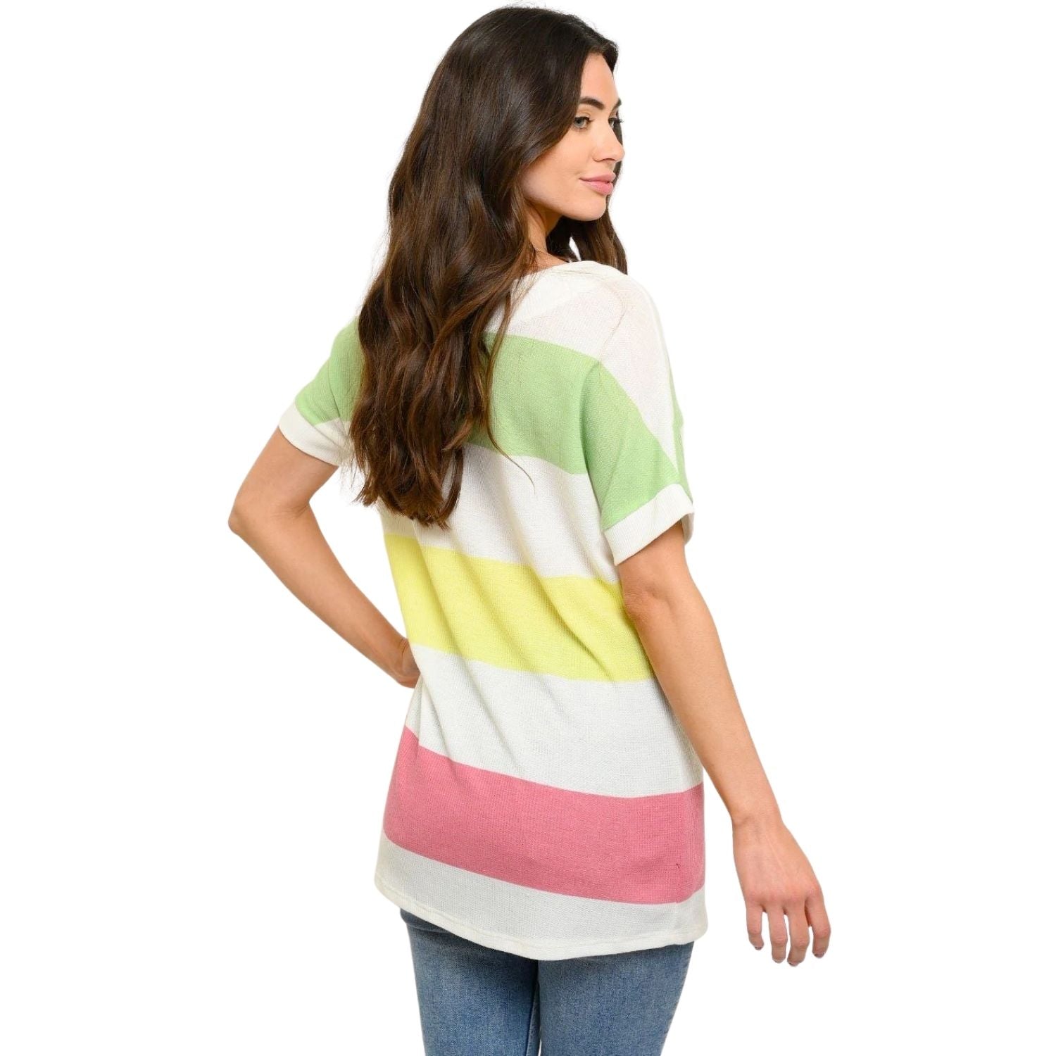 First Look Womens Thermo Stripe Short Sleeve V-Neck Top, White / Stripes