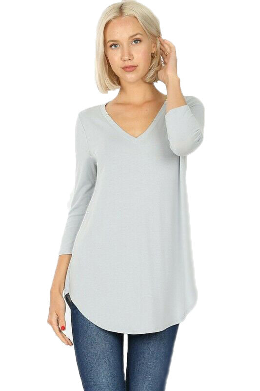 Zenana Womens V-Neck Round Hem 3/4 Sleeve Top, Light Grey