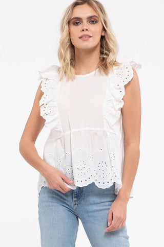 Mine Womens Short Sleeve Eyelet Ruffled Top