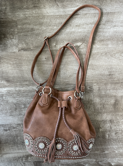 Brown Bucket Purse with Gems and Rivets