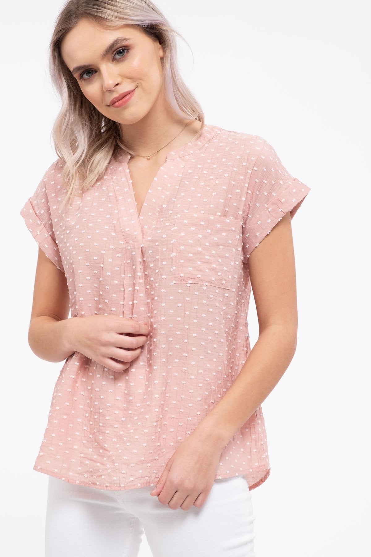 Mine Womens Back Button Textured Short Sleeve Top