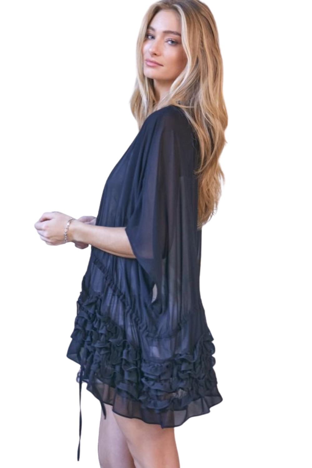J.NNA Womens Solid Flared 3/4 Quarter Sleeve Cardigan Shawl Cover Up