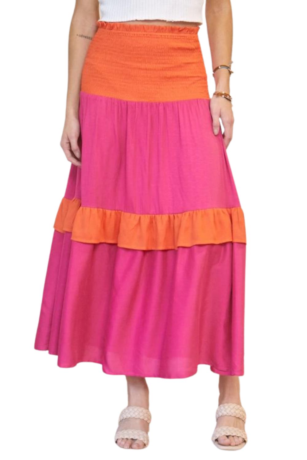 J.NNA Womens Colorblock Smocked Ruffle Maxi Skirt