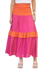 J.NNA Womens Colorblock Smocked Ruffle Maxi Skirt