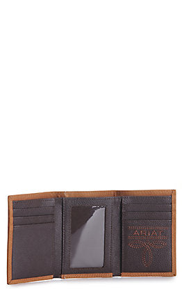 Ariat Mens Leather Vertical Logo Tri-fold Wallet, Medium Brown