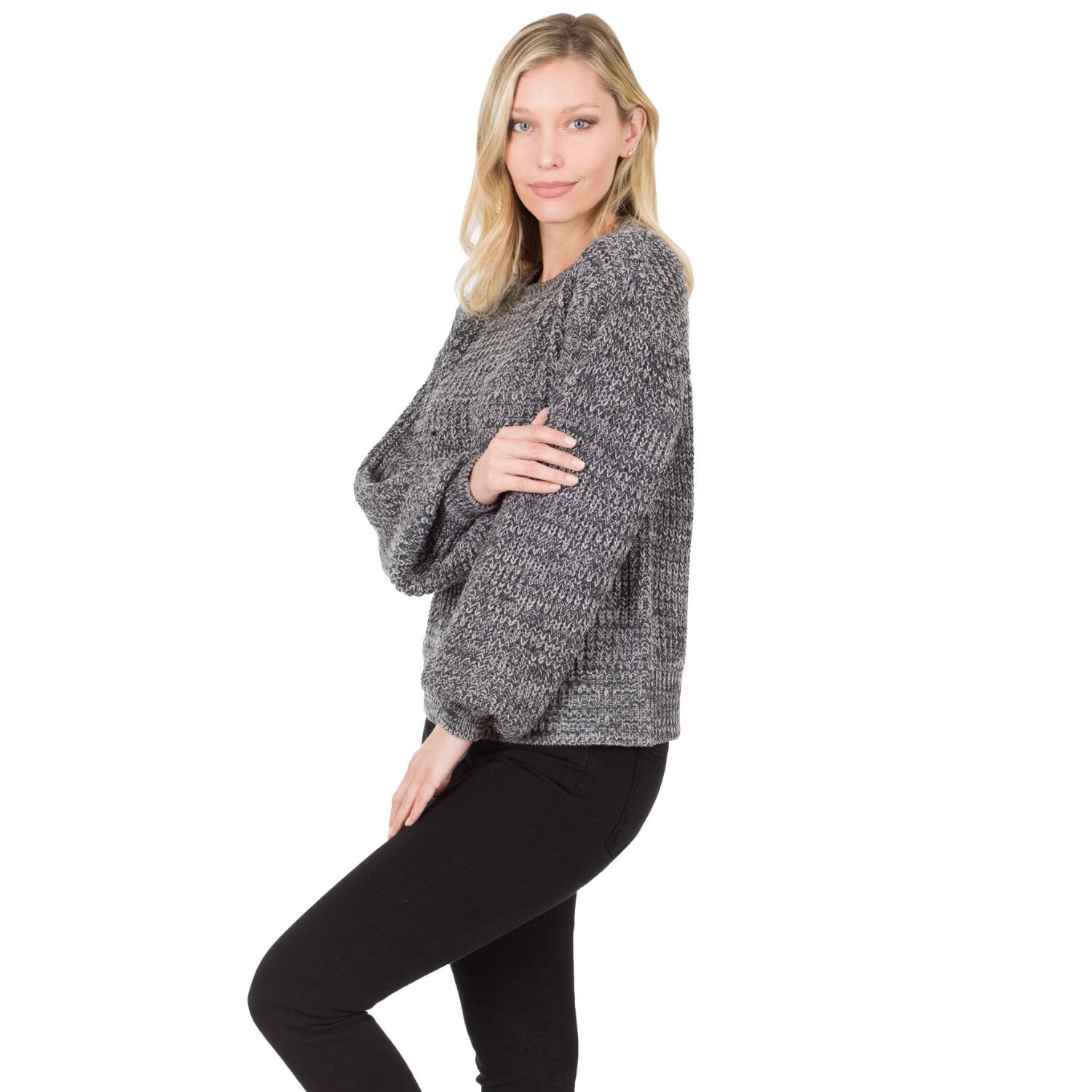 Zenana Womens Melange Balloon Sleeve Acrylic Sweater